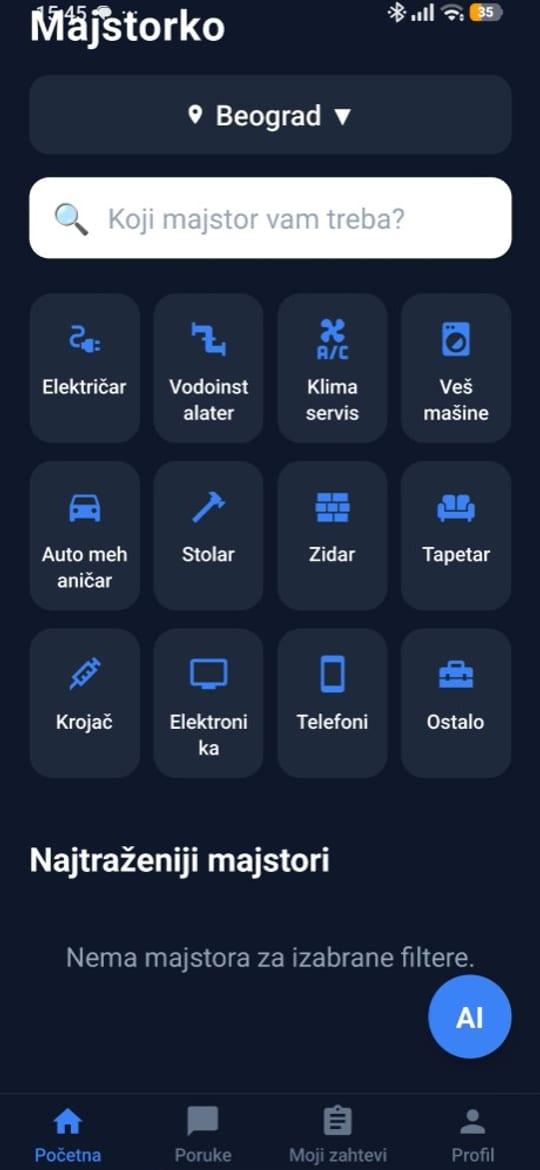 Prikaz aplikacije Majstorko — ekran 1