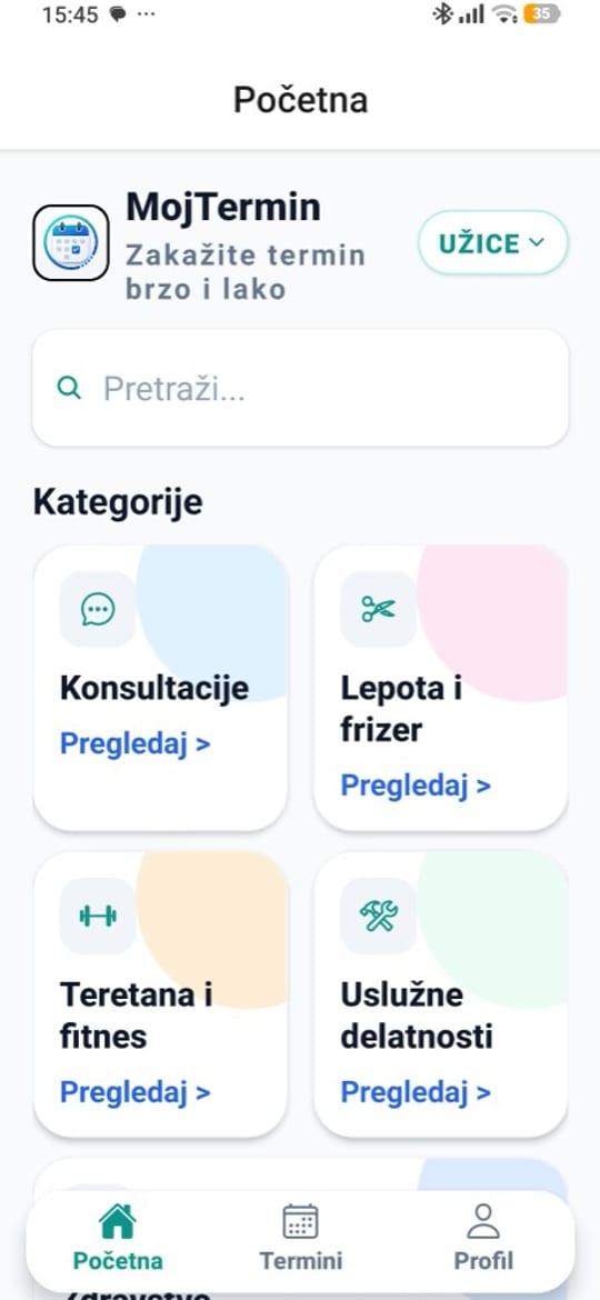 Prikaz aplikacije MojTermin — ekran 1